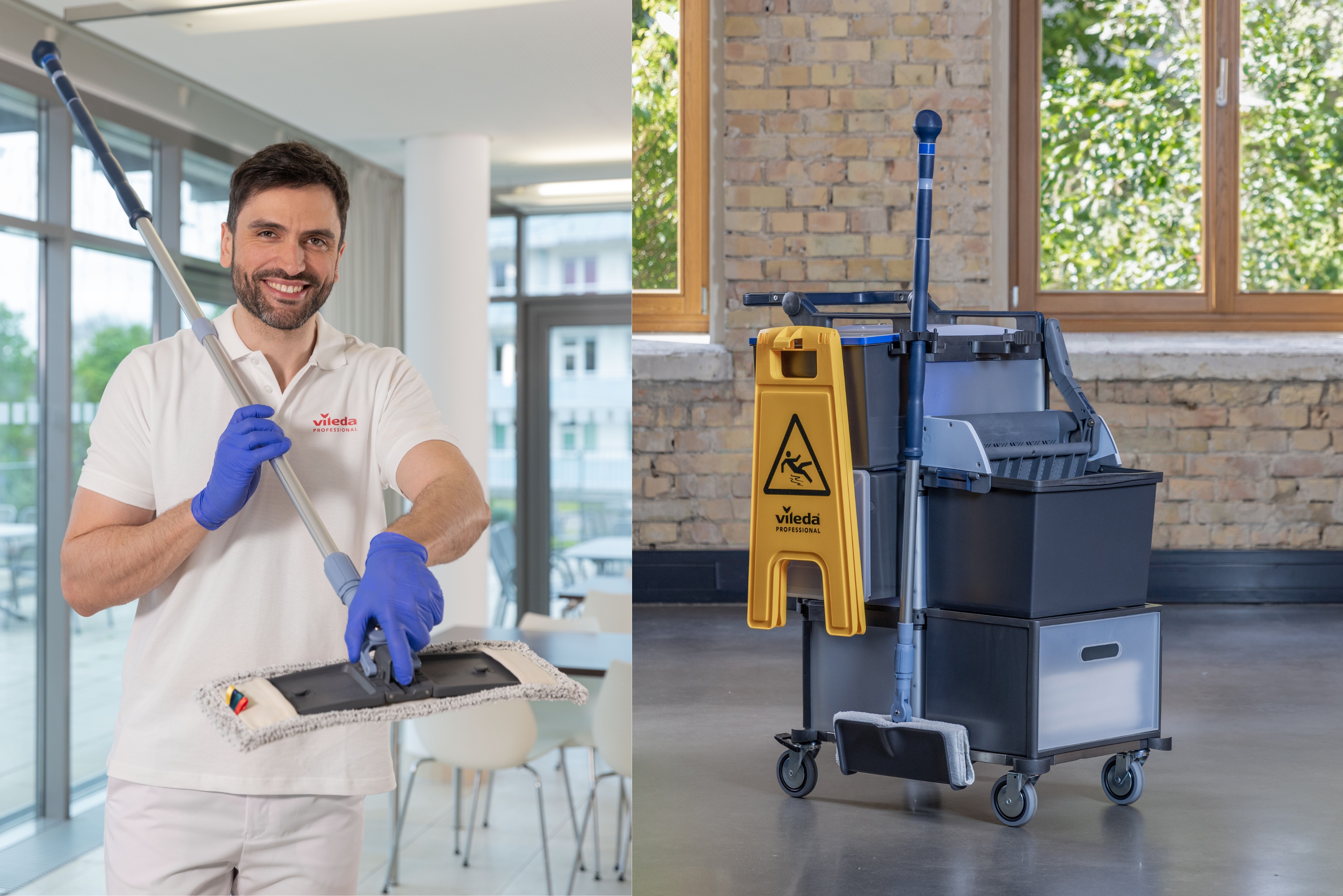 Vileda Professional cleaning trolley and floor-cleaning professional